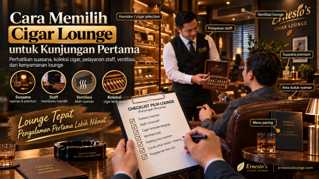 Infografis cara memilih cigar lounge untuk kunjungan pertama dengan menilai suasana, ventilasi, humidor, pelayanan staf, area duduk, dan pairing.