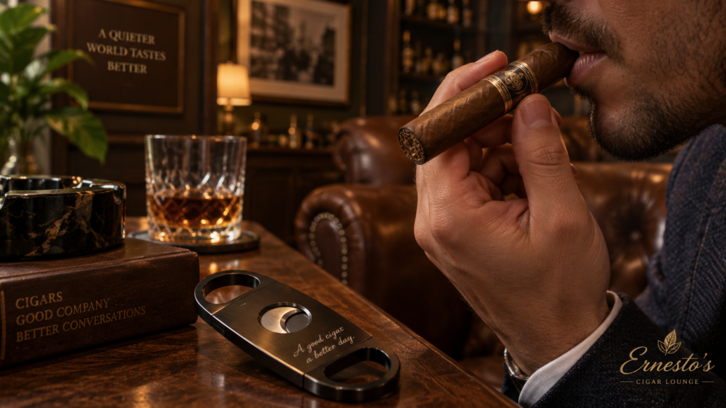 Pemeriksaan draw cerutu sebelum dinyalakan di cigar lounge