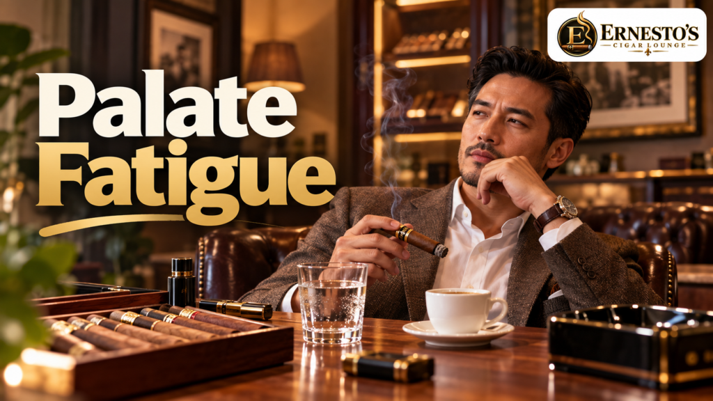 Penikmat cerutu berhenti sejenak dengan air dan kopi untuk memberi jeda pada palate saat tasting