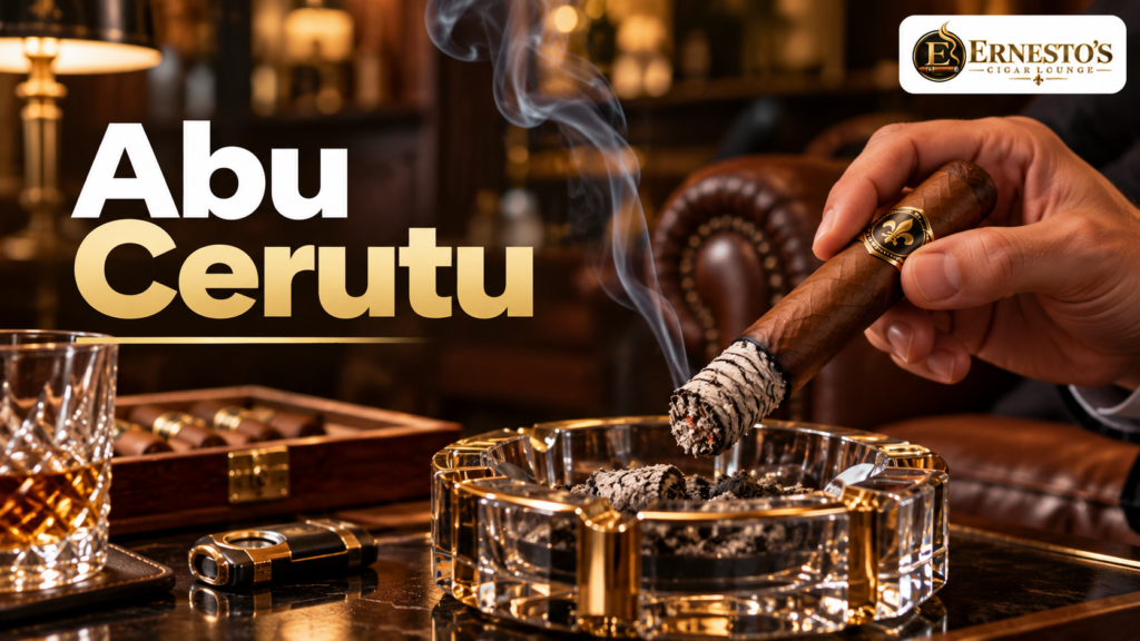 Cerutu dengan abu yang terbentuk rapi di atas ashtray untuk mengamati burn line dan kestabilan pembakaran