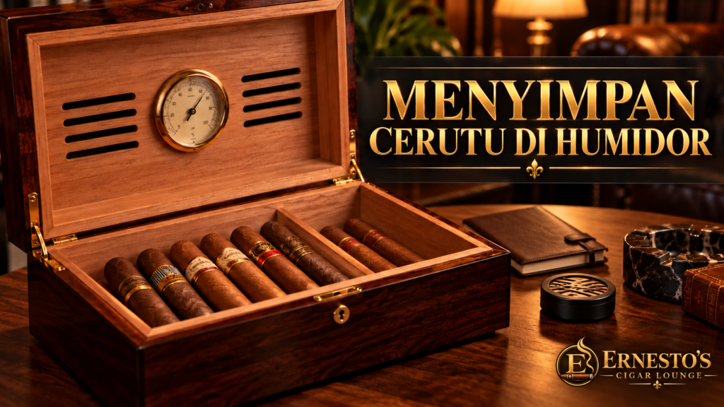Humidor kayu berisi cerutu dengan logo Ernesto's Cigar Lounge